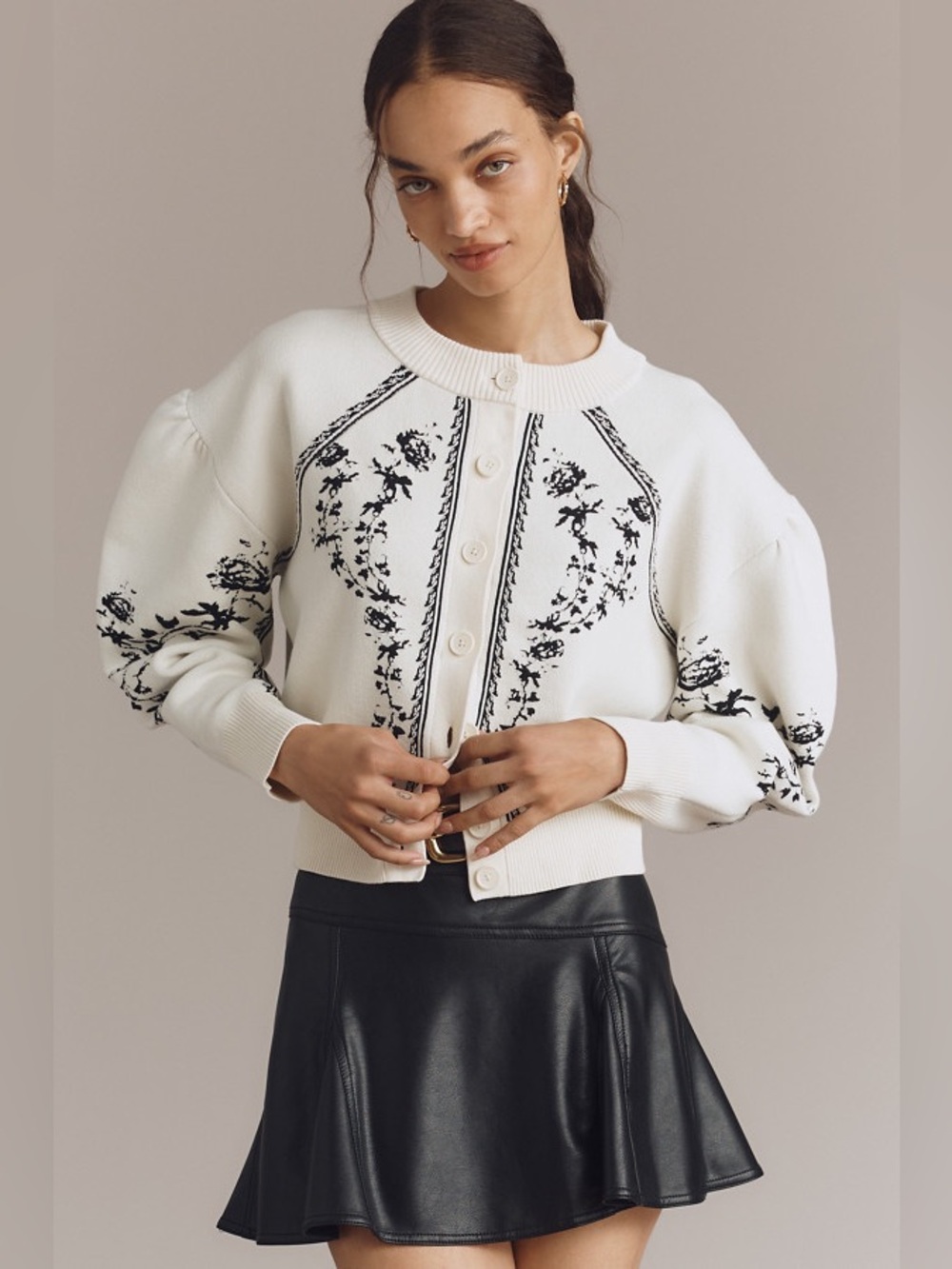 Anthropologie Sculpted Puff Sleeve Cardigan Sweater sz XXSP ivory black floral